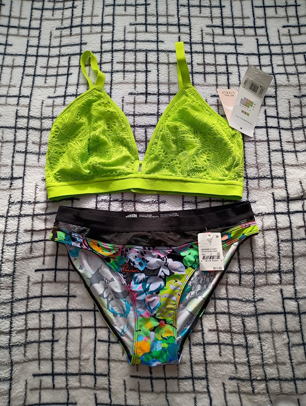 Neon Lime Lace Bralette & Floral Underwear Set READ DESCRIPTION